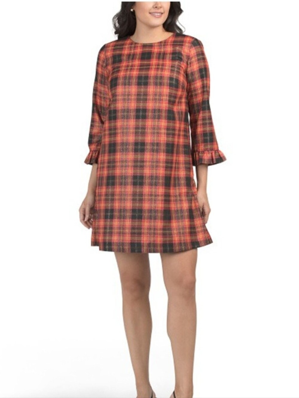 Draper James Ruffle Cuff 3/4 Sleeve Preppy Red Plaid Holiday Shift Dress Sz XXL